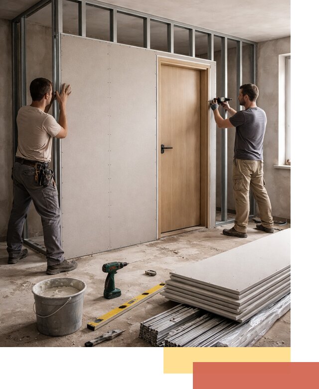 Перегородка из гипсокартона с дверью под ключ в Дивногорске