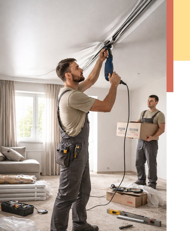 Монтаж сатинового натяжного потолка в Дивногорске от 3539 руб. | Быстро, недорого — ОТДЕЛОЧНИК-Двн