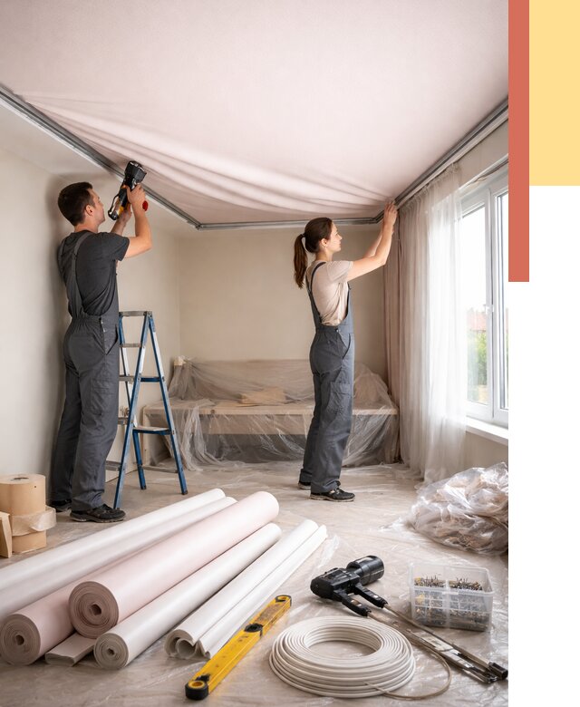 Монтаж цветного натяжного потолка в Дивногорске от 4246 руб/м² — быстро и недорого | ОТДЕЛОЧНИК-Двн