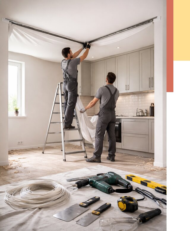 Установка натяжного потолка на кухне в Дивногорске от 2426 руб. | ОТДЕЛОЧНИК-Двн