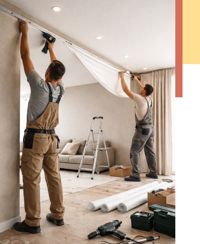 Монтаж натяжного потолка в гостиной в Дивногорске от 556 руб. | ОТДЕЛОЧНИК-Двн