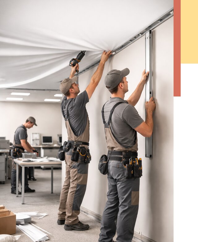 Монтаж натяжного потолка в офисе в Дивногорске от 455 руб/м² — быстро и недорого | ОТДЕЛОЧНИК-Двн