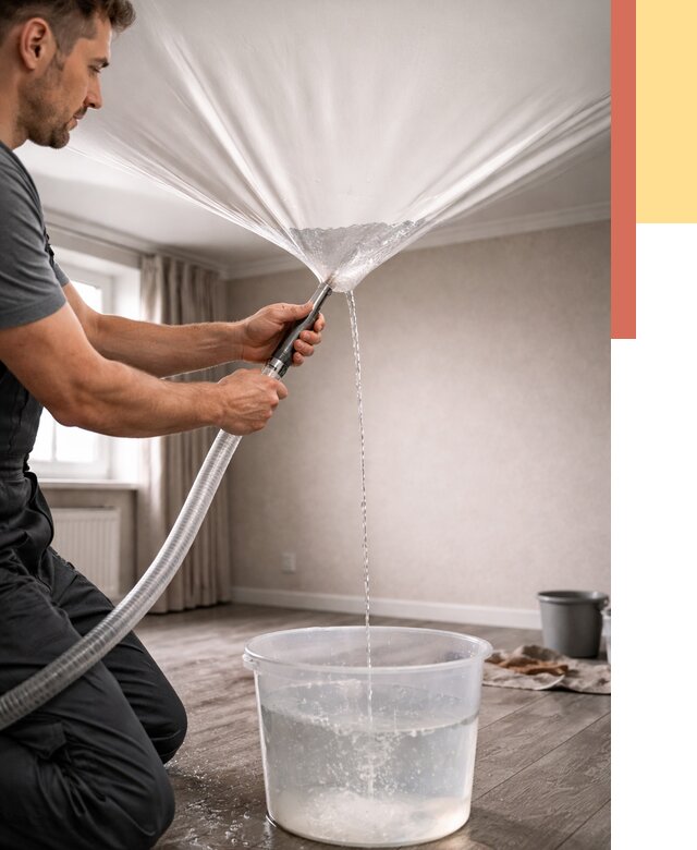 Слив воды с натяжного потолка в Дивногорске от 2528 руб. быстро и недорого | ОТДЕЛОЧНИК-Двн